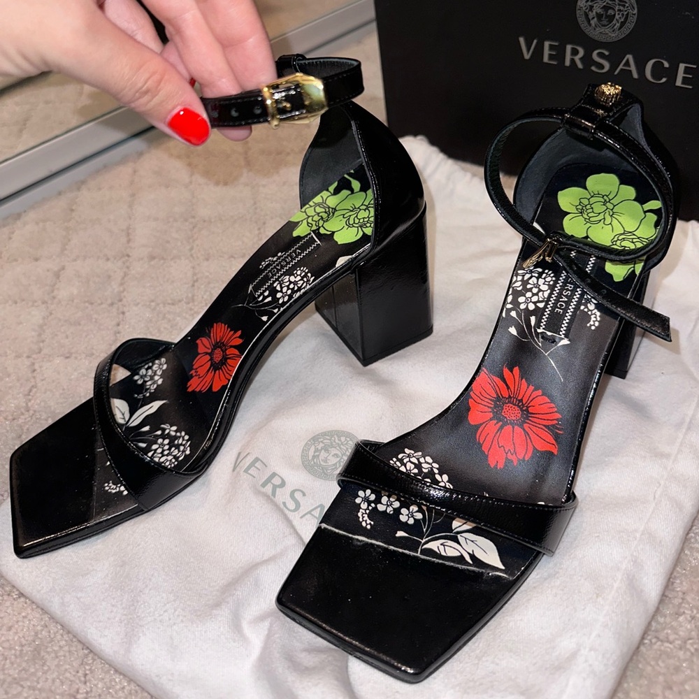 Versace strap heel sandal gold Medusa head behind ankle.original box &dust bags